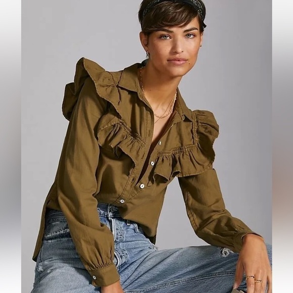 Anthropologie Pilcro Ruffled Chambray Buttondown Medium - Picture 3 of 10